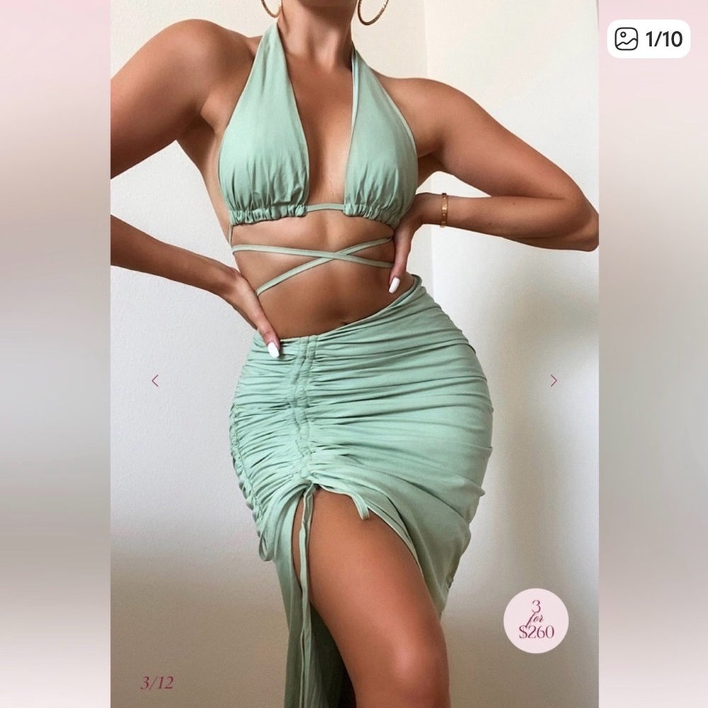 House of CB Green Ruched Skirt (Medium) Top (Small)